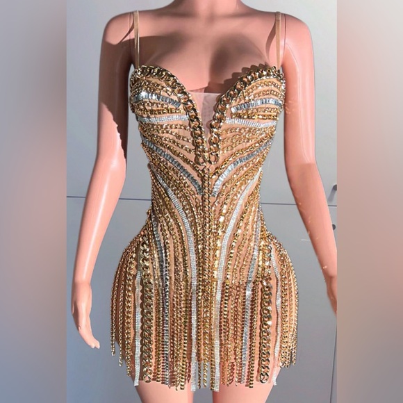 Gold chain jeweled dress - Picture 1 of 10